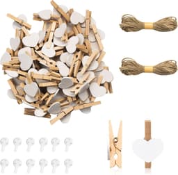 Wasknijpers, natuurlijke houten wasknijpers met 10 m jute koord, non-trace-hanghaken, decoratieve pennen voor bruiloftsfeest, fotohouder, kaartdecoratie, kunsthandwerk (100 stuks — thumbnail 1