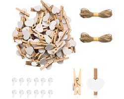 Wasknijpers, natuurlijke houten wasknijpers met 10 m jute koord, non-trace-hanghaken, decoratieve pennen voor bruiloftsfeest, fotohouder, kaartdecoratie, kunsthandwerk (100 stuks