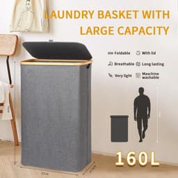 Grote Grijze Wasmand met Deksel van 160 Liter voor Efficiënte Wasopslag en Organisatie — thumbnail 5