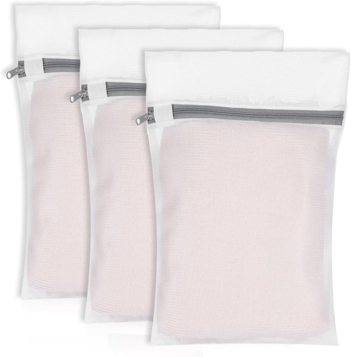 SnelShoppen - 3x Wasnetjes 30x40cm, Waszak voor Wasmachine, Waszak met Rits, Wit met Roze Accenten, Bescherming voor Kleding — afbeelding 1