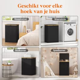 Wasmand met Deksel 160 Liter – Dubbele Wasmand met 2 Vakken – Uitneembare Waszakken – Opvouwbare Wassorteerder met Bamboe Handgrepen – Zwart — thumbnail 3