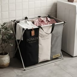 Wasmand met 3 Vakken geschikt Kleine Ruimtes – Grote Wasmand met Draaghandvatten – Wasbare Waszak van Polyester – Wasmand voor Kleding, Wasgoed en Huishouden — thumbnail 4