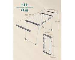 SONGMICS LLR522WK01 Wasluchter, staande waslijn, uitschuifbare vleugels, 22 m droogoppervlak, met sokhouder, opvouwbaar, parelwit en duigrijs
