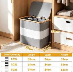 Soontrans - Wasmand 2 Vakken - Wassorteerder met Deksel - 54x34x55cm - Uitneembare Waszakken - Bamboe-lijst - Afneembaar - 102L - Grijs — thumbnail 2