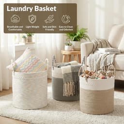 Ronde wasmand, 64 l, van katoenen touw, wasmand en opbergmand met handgrepen, voor vuile was, speelgoed en dekens, slaapkamer en wasruimte, 40 x 25,5 cm, wit en kaki — thumbnail 4
