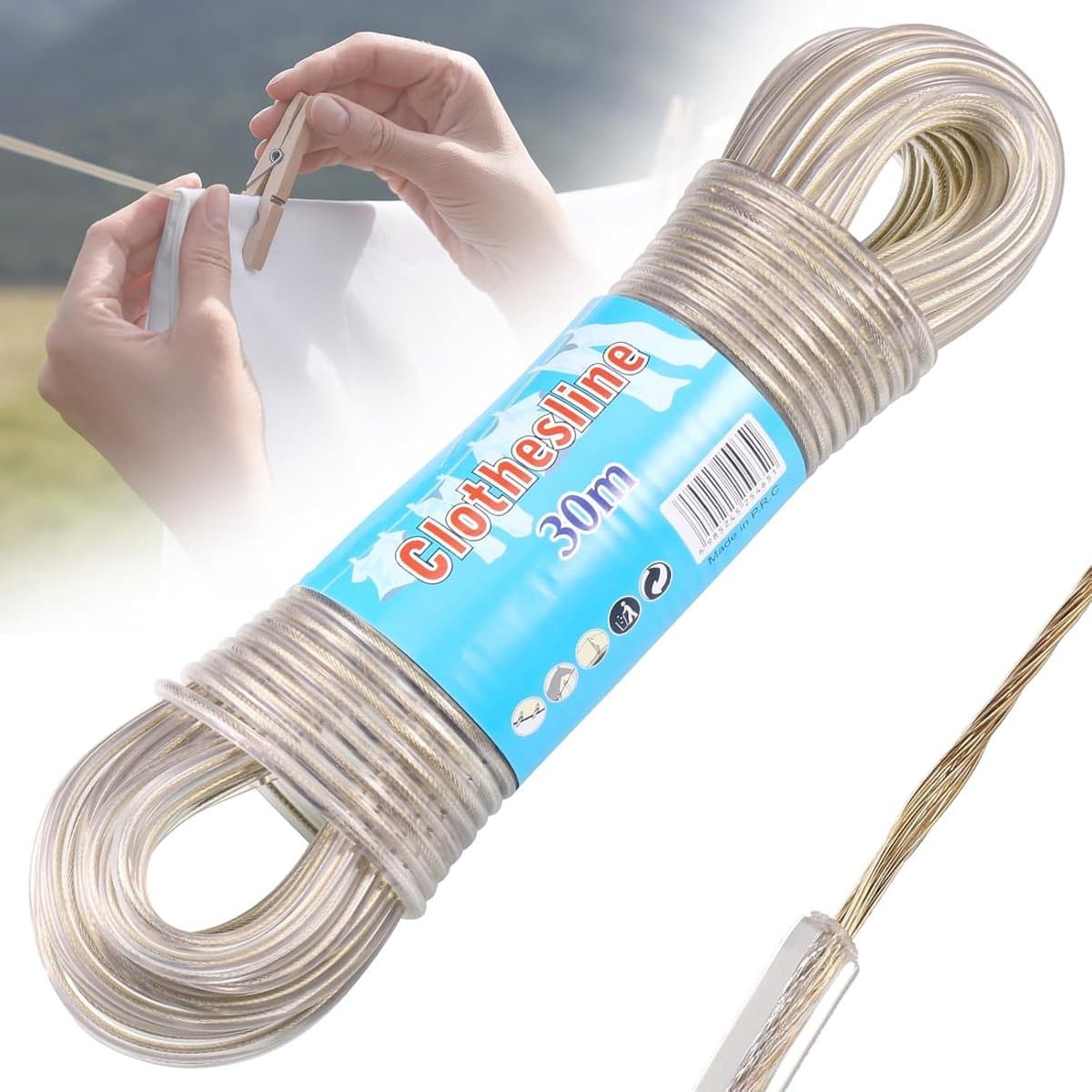 Waslijn caravan - Beige - 30 meter - Stalen kern met PVC coating - Voor buitengebruik en zware was — afbeelding 1