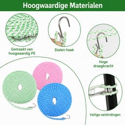 Kaiyaya - 3 Stuks Waslijn - Met Haken Waslijndraad - Draagbaar Windbestendig - Set van 3 Waslijn - Blauw Groen Roze 3 x 10 Meter — thumbnail 5