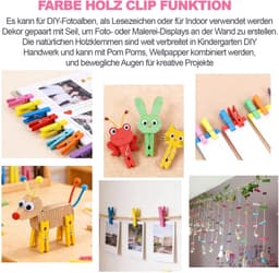 Dailygoods- Wasknijpers 100 stuks - Houten Mini-wasknijpers - Decoratieve Knijpers - Fotoklemmen - Natuurlijke Houten Klemmen - Veelkleurig — thumbnail 5