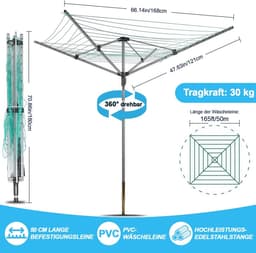 Opvouwbare droogmolen - Buitendroger Toren - Kleding Drogen Buiten - Eenvoudig Openen Sluiten - 40 Meter Waslijn - Zilver — thumbnail 5