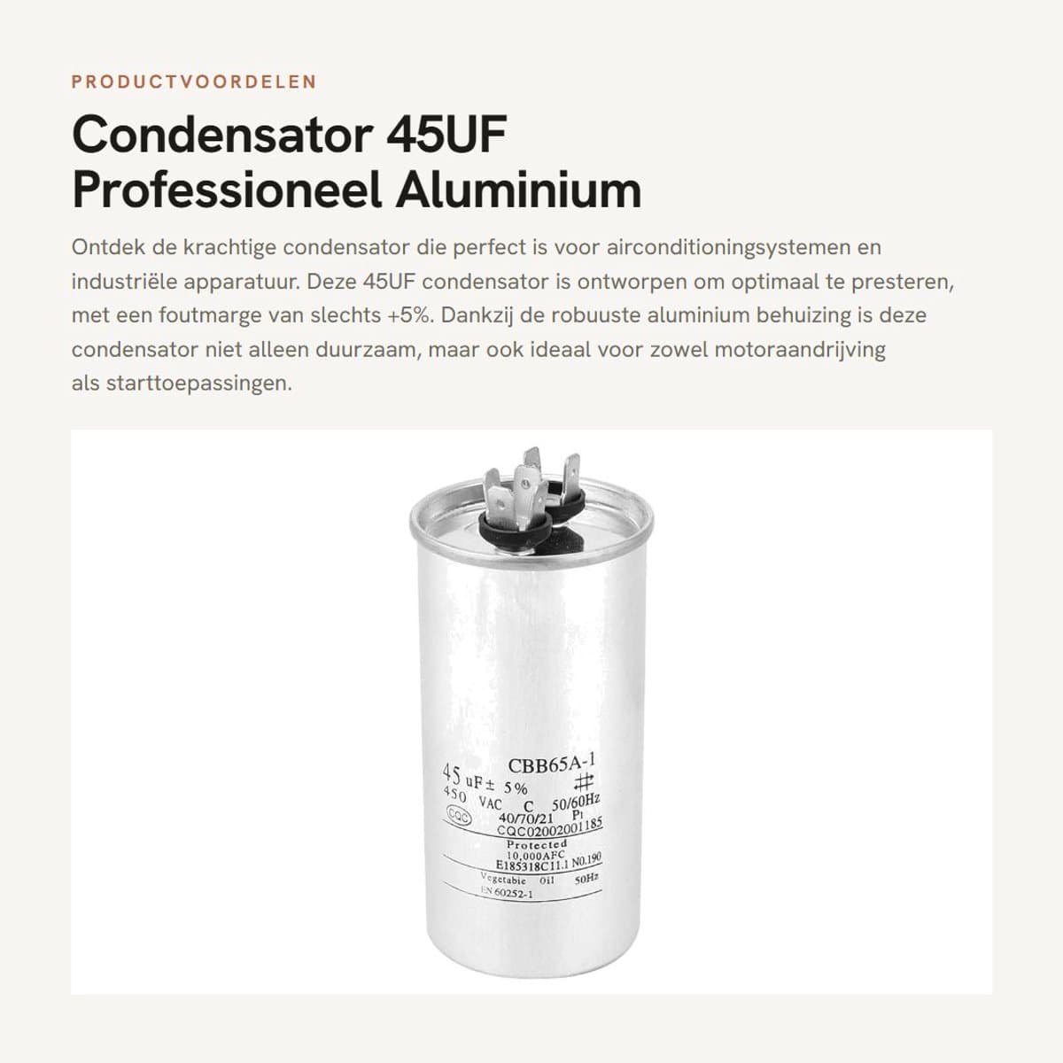 Dailygoods - Condensator - 45UF - Professioneel - Aluminium - Startcondensator - Veilig en betrouwbaar - Geschikt voor airconditioning en wasmachines — afbeelding 1