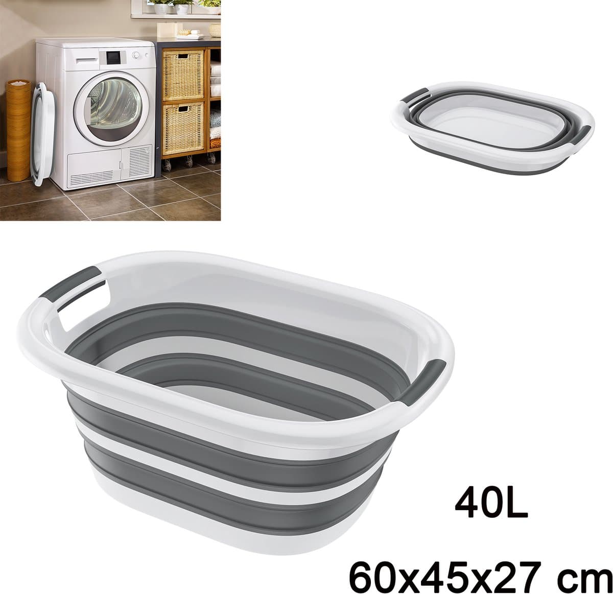 Opvouwbare Wasmand 40L 60x45x27 cm - Inklapbare Wasmand met Handgrepen - Kunststof Wasgoedmand - Opbergmand voor Badkamer, Camping en Huishouden - Grijs met Wit — afbeelding 1