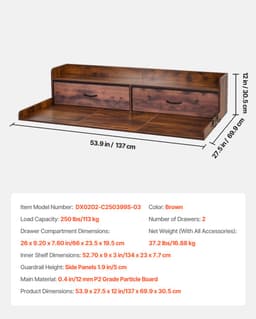 VEVOR Wasmachine en Droger Keukenplaat met Schroefaand, 137 X 69,9 cm Houten Was- en Drogershoofd met 2 Laden & Haakjes, Wasmachinehoofd voor Waskast, Keukenorganisatie en Opbergoplossing, Bruin — thumbnail 3