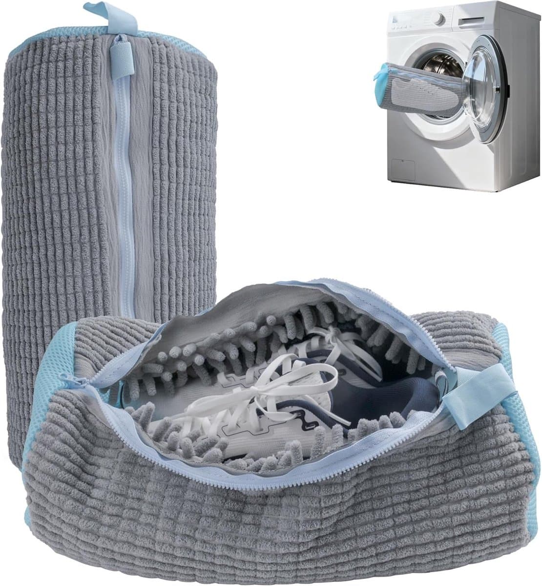 2 Stuks Grijze Verstevigde Wasmachine Schoenwaszakken - Herbruikbare Waszakken met Verborgen Rits, 360° Reiniging, Geschikt voor Diverse Schoenen en Maten — afbeelding 1