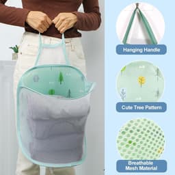 Kinderkamer Wasmand Set van 2, Opvouwbare en Hangende Wasmanden voor Speelgoedopslag, Groen en Wit — thumbnail 2