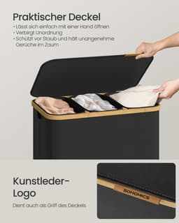 Wasmand met deksel en uitneembare waszak - 170 liter - 60 x 38,5 x 75 cm - Inktzwart — thumbnail 4