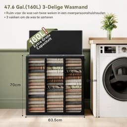 Lìon® Wasmand - 160L - Wasmand 3 Vakken - Wasmand Met Deksel - Zwart - 64cm x 36cm x 70cm — thumbnail 5