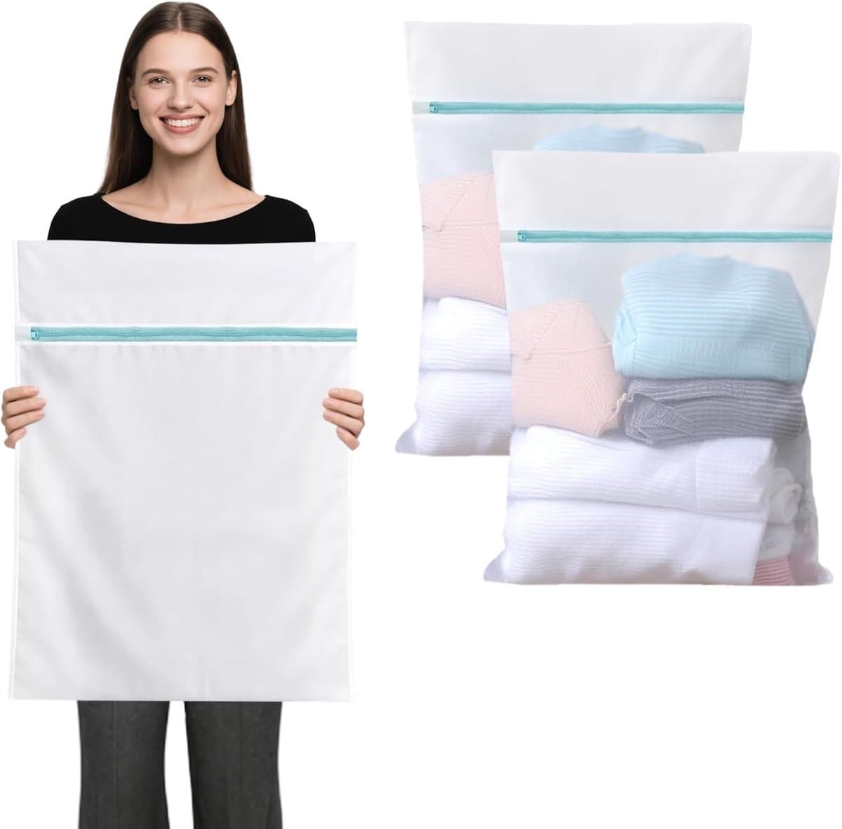 Wasnetjes met ritssluiting - Wit-groen - 60 x 80 cm - Robuust polyester wasnet voor delicate kleding — afbeelding 1