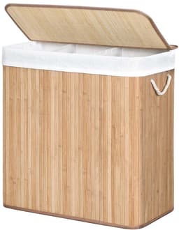 Wasmand Wasgoedmand Opbergmand 60 x 40 x 61,5 cm houtkleur 150L grote capaciteit met drie vakken en afneembare wasbare binnenzak deksel en handgrepen opvouwbaar en ruimtebesparend geschikt voor wasruimte slaapkamer en badkamer — thumbnail 1