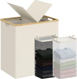 Wasmanden met deksel en 2 vakken, vuile wasbak, dubbele mand, opslag van wasgoed met 2 verwijderbare waszakken, 140 l, beige — thumbnail 1