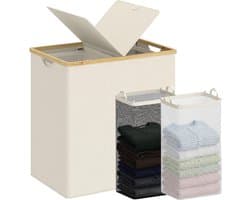 Wasmanden met deksel en 2 vakken, vuile wasbak, dubbele mand, opslag van wasgoed met 2 verwijderbare waszakken, 140 l, beige