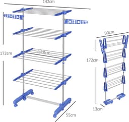 COVREO Droogtoren 142x55x172 cm blauw, roestvrij staal met 6 wielen — thumbnail 4