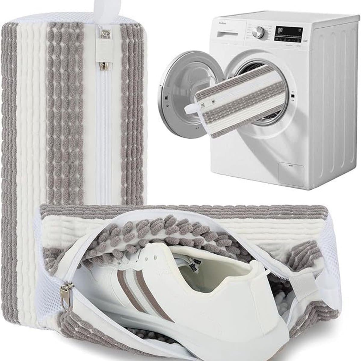 Schoenwaszak - Sneaker waszak - 2 stuks - Waszak voor schoenen - Herbruikbaar - Wasnet Voor Schoenen - Wasmachine&Droger - Schoenen Waszak - Voor Sneakers en Tennisschoenen - Netje Anti-Vervorming - Grijs/Wit — afbeelding 1
