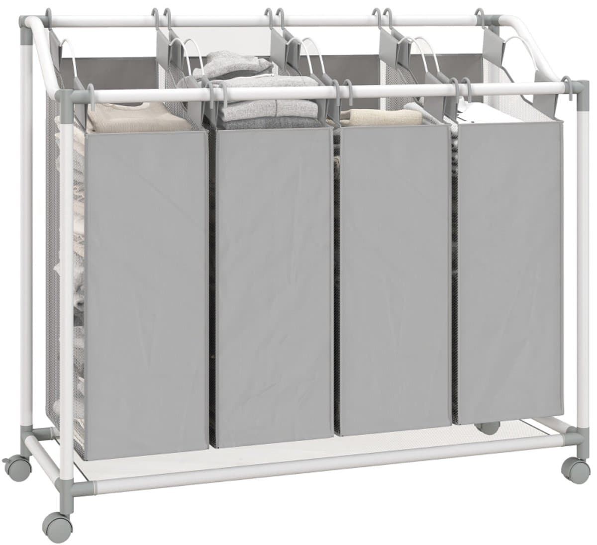 Verrijdbare wasmand, waskar, wasmand op wieltjes met 4 uitneembare zakken, 4 x 40 l, 97 x 38 x 81 cm, grijs — afbeelding 1