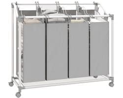 Verrijdbare wasmand, waskar, wasmand op wieltjes met 4 uitneembare zakken, 4 x 40 l, 97 x 38 x 81 cm, grijs