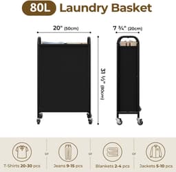 SAYS 80L slanke wasmand met wielen, stoffen rollende wasmand, smalle kledingorganizer, hoge mand voor kast, wasruimte, badkamer, zwart — thumbnail 5