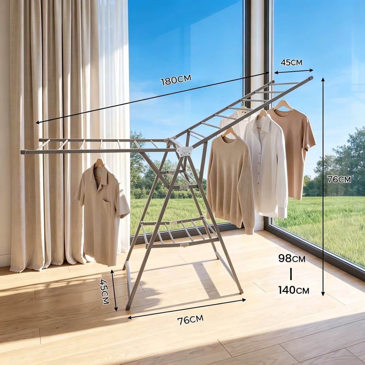 Droogrek - Wasrek - Opvouwbare Kledinghanger - Grijs - Uitstekend draagvermogen - 180 x 76 x 45 cm -Makkelijk op te bergen wanneer opgevouwen. m Drooglengte - — afbeelding 1