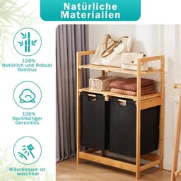 Wasmand van bamboeframe, wasverzamelaar met 2 planken, met 2 uittrekbare waszakken, geschikt voor slaapkamer, badkamer en waskeuken, 93 x 64 x 33 cm, zwart — thumbnail 5