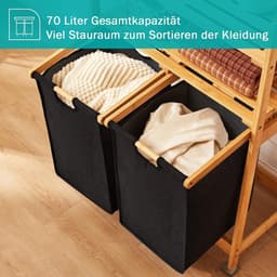 Wasmand van bamboeframe, wasverzamelaar met 2 planken, met 2 uittrekbare waszakken, geschikt voor slaapkamer, badkamer en waskeuken, 93 x 64 x 33 cm, zwart — thumbnail 2