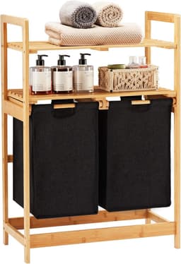 Wasmand van bamboeframe, wasverzamelaar met 2 planken, met 2 uittrekbare waszakken, geschikt voor slaapkamer, badkamer en waskeuken, 93 x 64 x 33 cm, zwart — thumbnail 1