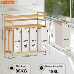 198 liter wasverzamelaar, 4 vakken, wasmand met dubbele plank | bamboe wasbox met uitneembare waszakken, ruimtebesparend voor badkamer, slaapkamer, waskeuken, grijs — thumbnail 4