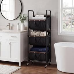 SAYS Wasmand met 3 Vakken, Wasmand op Wieltjes, Organisatie en Opbergruimte voor de Wasruimte, Waskar met 3 Vakken op Wieltjes voor Studentenkamers, Badkamers, Slaapkamers en Kasten, Zwart — thumbnail 2