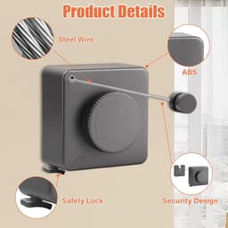 Waslijn Uittrekbaar, Uitbreidbare Muurlijn voor Wasgoed, Muurlijn voor Wasgoed zonder Verzakking met 4,8 M Stalen Kabel voor Badkamer, Wasruimte, Balkon, Tuin (Grijs) — thumbnail 3