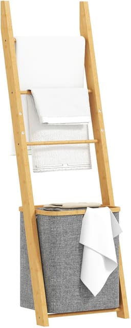 Noventra handdoekhouder met wasmand-handoekrek-badkamer accessoires-inclusief wasmand-43 x 35 x 133 cm-bamboehout- — thumbnail 1