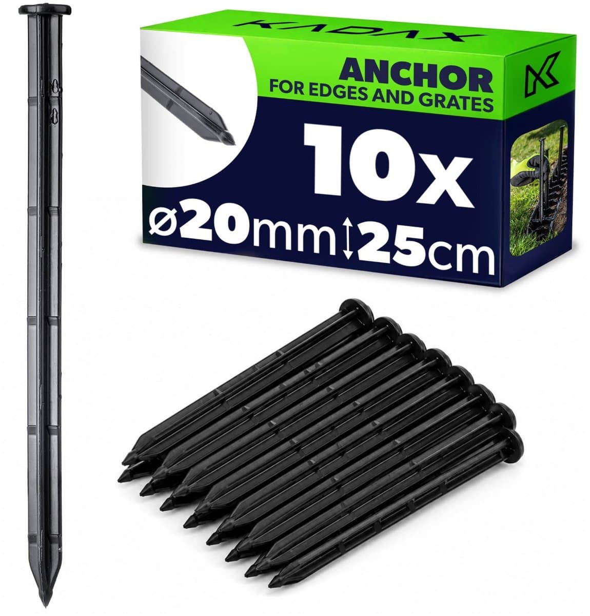 KADAX Ankerharingen voor montage, 25 cm, 10 grondankers van kunststof, anker met noppen, kunststof anker voor gazonranden en gazonroosters (zwart, rond) — afbeelding 1