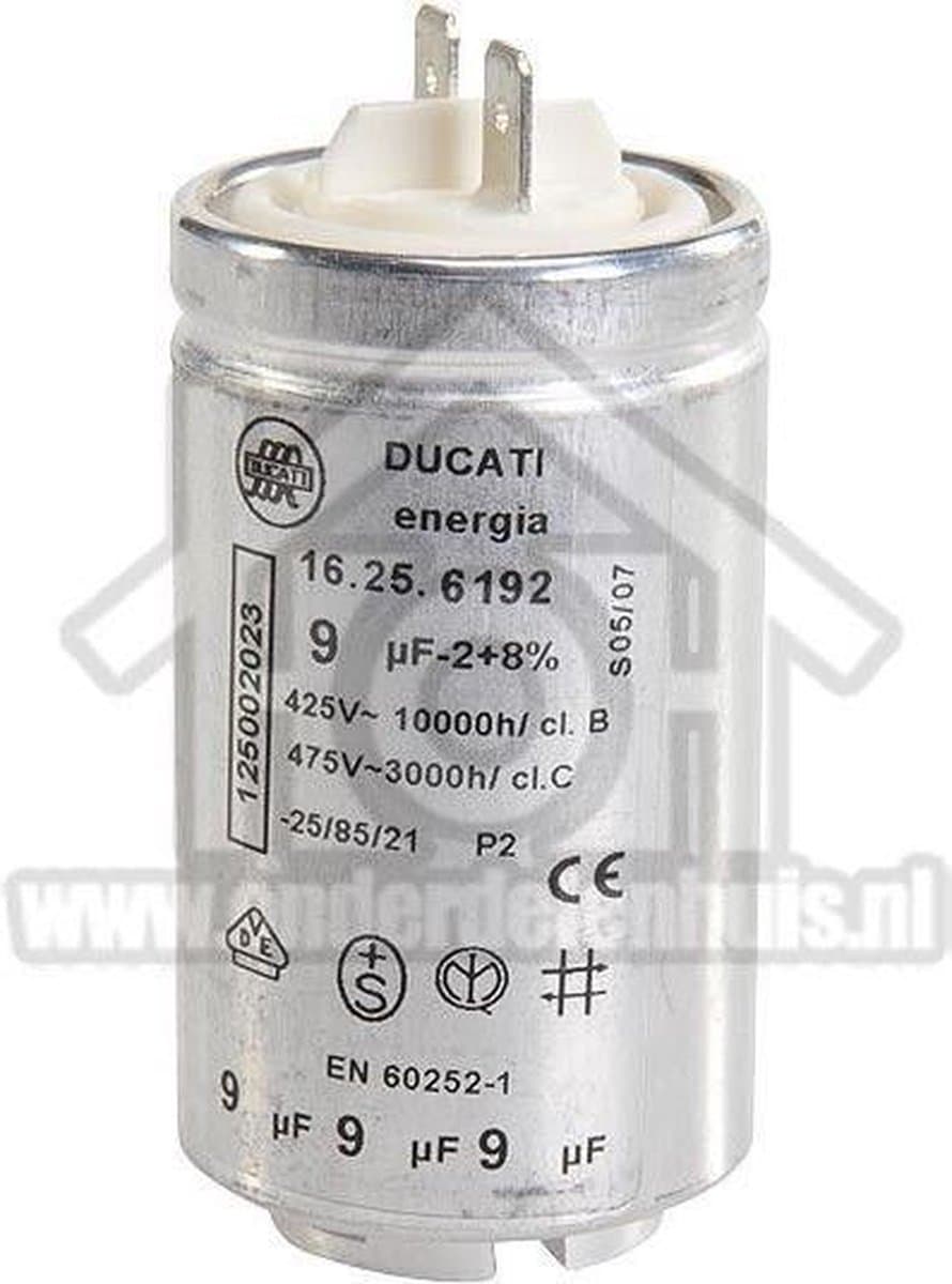 Zanussi Condensator 9 uf Aanloopcondensator TDS583T, TCS673T, KE2040 1250020227 — afbeelding 1