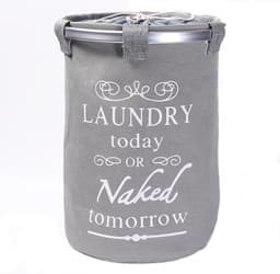Ronde Wasmand met deksel - 50 L- Tekst LAUNDRY TODAY OR NAKED TOMORROW - Badkamer wasmand afsluitbaar - Waszak - Grijs — thumbnail 4