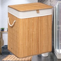 Grote Bamboe Wasmand met deksel - 60 L - Wasmand 1 Vak met stoffen waszak - Opvouwbaar - Wassorteerder - Naturel — thumbnail 4