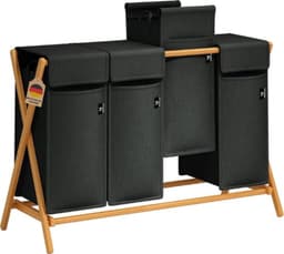 Luxe Wassoorteerder – Wasmand 4 Vakken – Was Organizer – Met Deksel – 200L Capaciteit – Natuurlijke Materialen – Stijlvol – Zwart — thumbnail 1