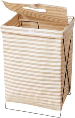 Gestreepte Katoenen Wasmand met IJzeren Frame en Deksel - Inklapbare Wasmand - 36 cm x 28 cm x 59 cm — thumbnail 1