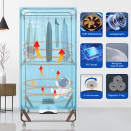 Uten Draagbare elektrische droger Gr886 - 2 lagen droog Design - Warmtepompdroger - 1500 W - Timer 0-180 Min - Elektrisch Droogrek met Verwarming - Wasdroger - Tot 15kg wasgoed - Als wasdroger, droogrek en Kledingkast- Hoogte 1.4 M - lichtblauw — thumbnail 5