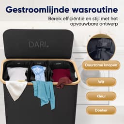 DARI. - Wasmand 3 vakken - Wassorteerder - 160L - met 3 uitneembare zakken - wasmand - zwart - knopen — thumbnail 5