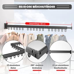Opvouwbaar Droogrek voor Wandmontage - Intrekbaar en Draaibaar Kledingrek met Haken voor Balkon en Kasten — thumbnail 5