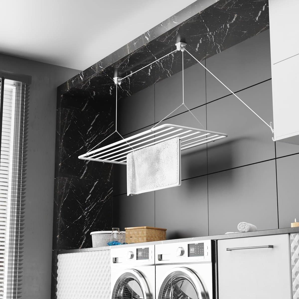 Kledinghanger Plafond 100x50cm, 8m Droogoppervlak, Mini Opvouwbare Kleding Droger, Metaal met PVC-Vrije Coating, Witte Hangende Droger — afbeelding 1