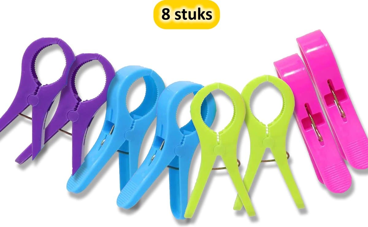 Handige Set van 8 Grote Plastic Badlaken Knijpers - Strandlakenknijpers - Badhanddoekknijpers - Zwembadstoelknijpers - XXL Knijpers (13 cm) - Sterke Grip voor je Strand- en Zwembadavonturen! — afbeelding 1