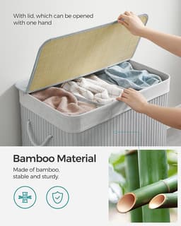 Songmics - Wasmand met 3 compartimenten - 150 liter - van bamboe - 62x40x61.5 cm - grijs — thumbnail 5