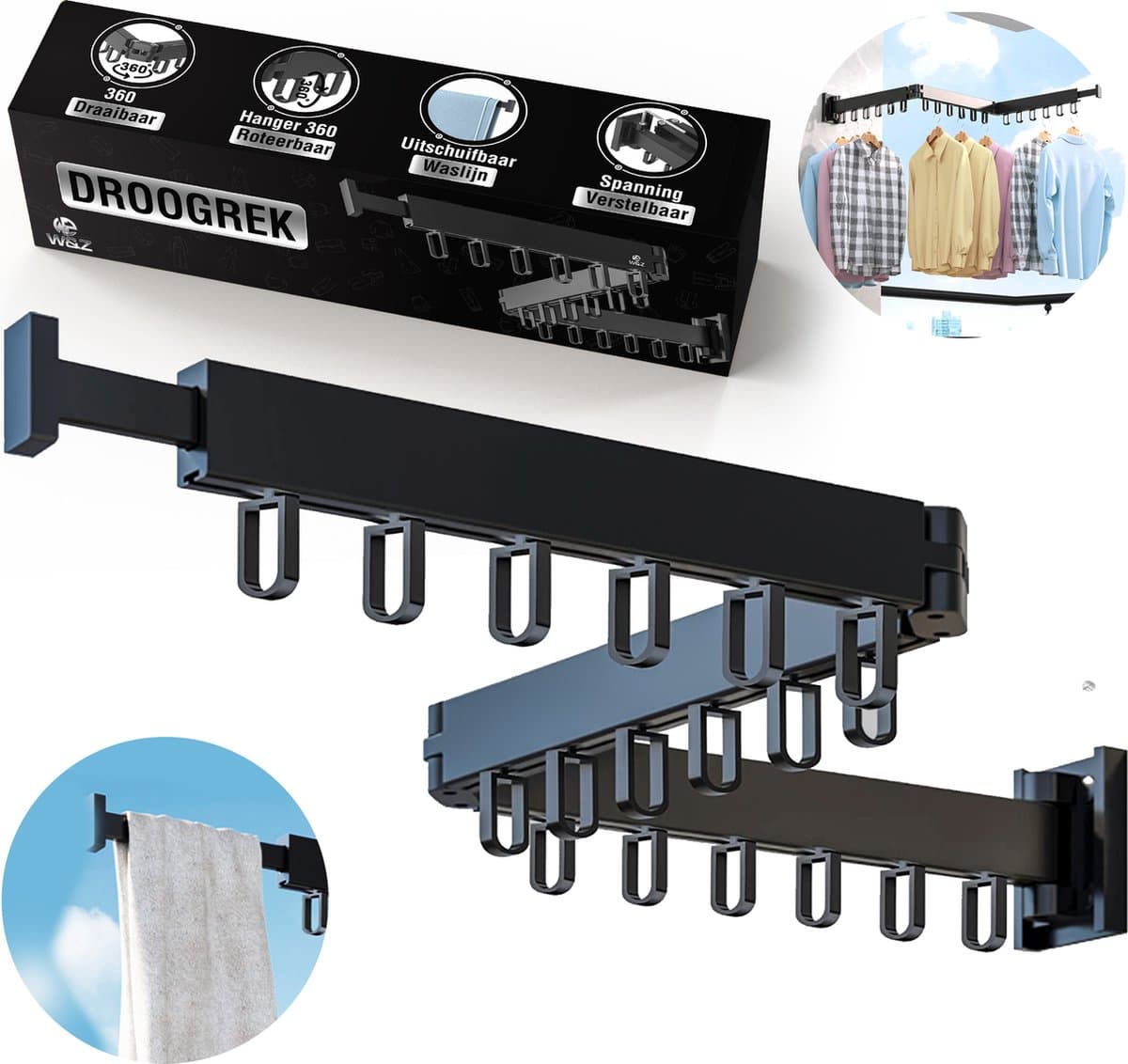 W&Z® Droogrek Inklapbaar - Kledingrek - Wasrek - Kledingroede - Kledingstang - Wanddroogrek - Droogrek muur - Hangdroogrek - Wasrek hangend - Wasrek muur - Wandkapstok - Inklapbaar - Zwart — afbeelding 1